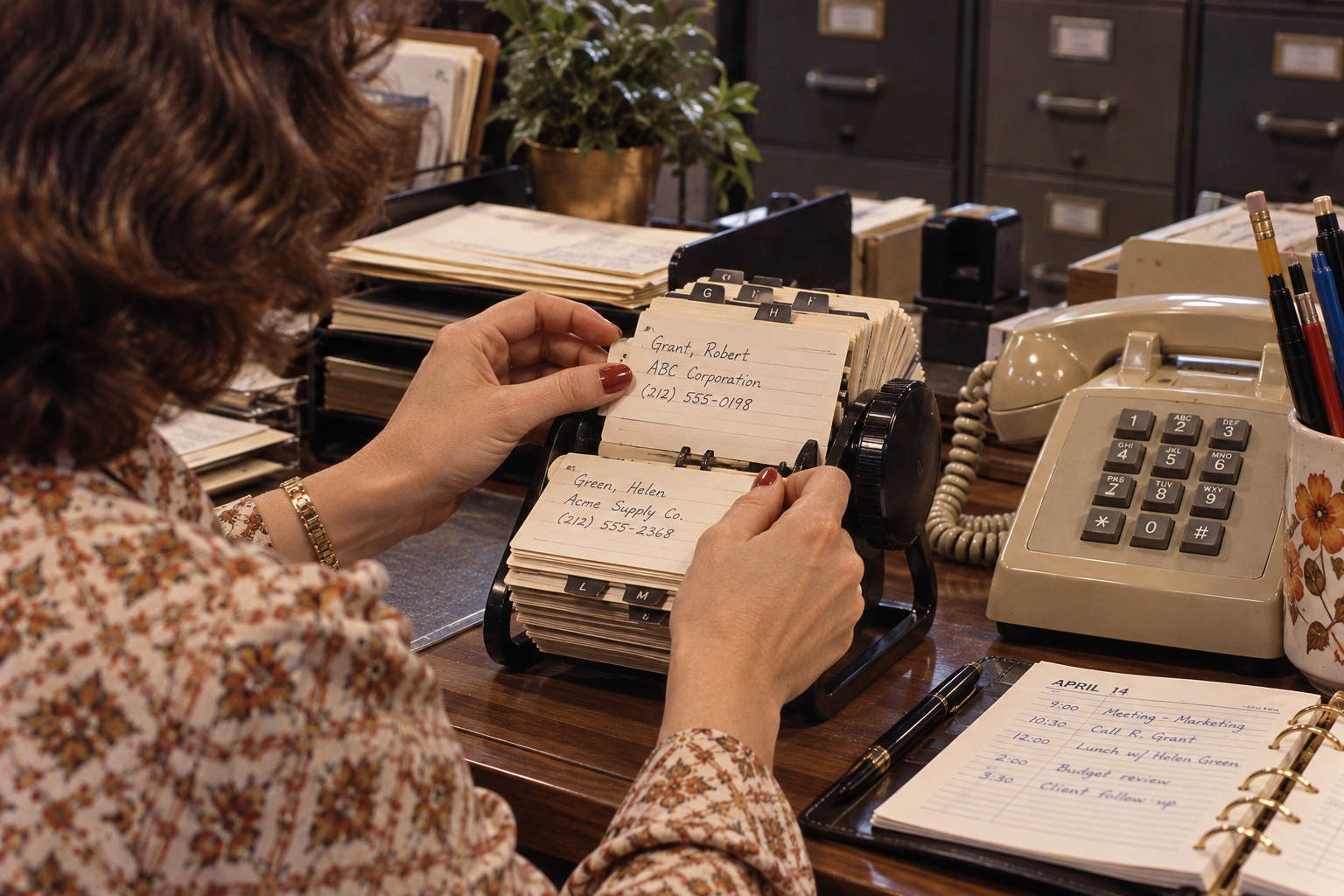 A person searching through a rotary card file on an office desk next to a telephone and a daily planner.