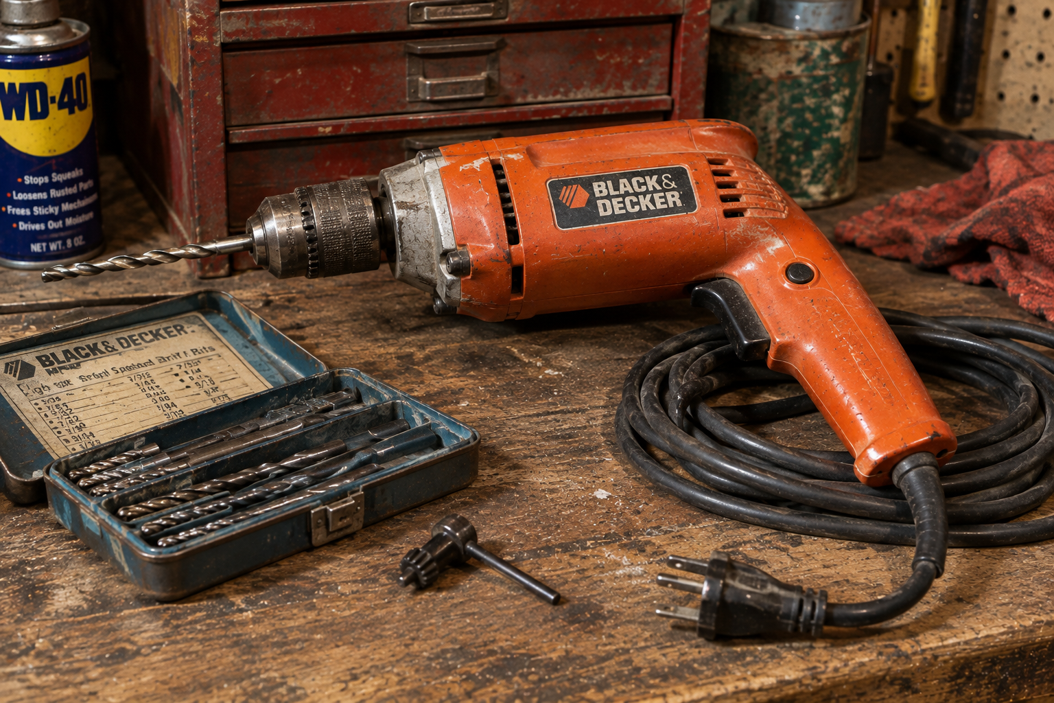 An orange Black & Decker power drill with a drill bit, a metal bit index case, and a chuck key sitting on a wooden workbench.