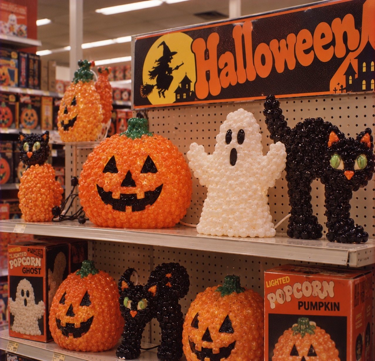 Store shelves displaying plastic, light-up Halloween decorations including jack-o’-lanterns, ghosts, and black cats, with some items in their original boxes.