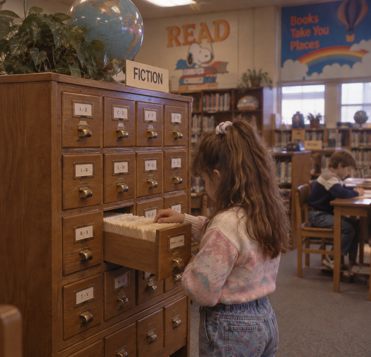 A young girl in a patterned sweater looks through a wooden library card catalog drawer, with a boy reading at a table in the background.