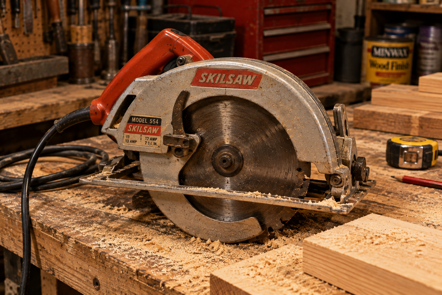 Skilsaw Model 554 circular saw resting on a woodshop workbench covered in sawdust.