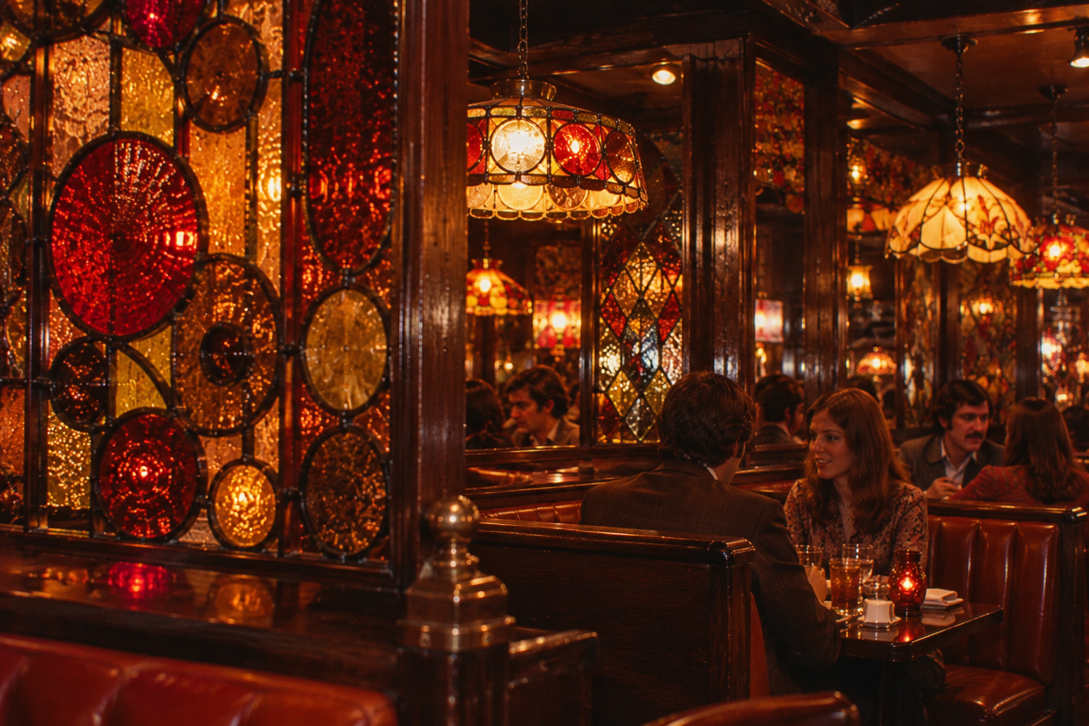 A cozy restaurant with stained glass dividers, vintage lamps, and people sitting in booths, enjoying food and conversation in a warm, dimly lit atmosphere.