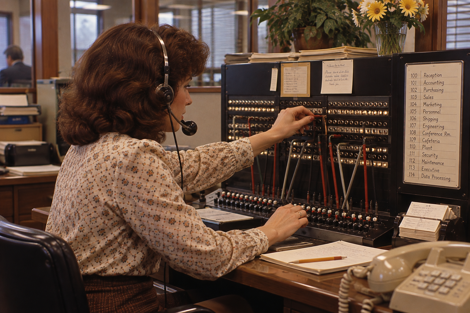 A telephone operator in a floral blouse and headset connects lines on an office switchboard next to a list of department extensions.