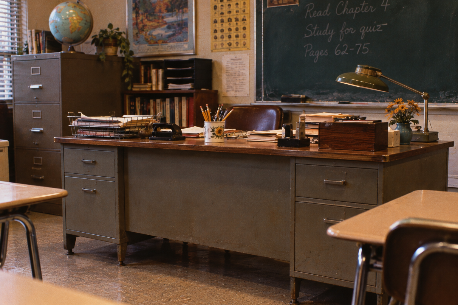 A vintage teacher’s desk with papers, books, a lamp, and office supplies sits in a classroom. Behind it are a globe, chalkboard with instructions, and filing cabinets. Student desks are in the foreground. 1970s classroom.