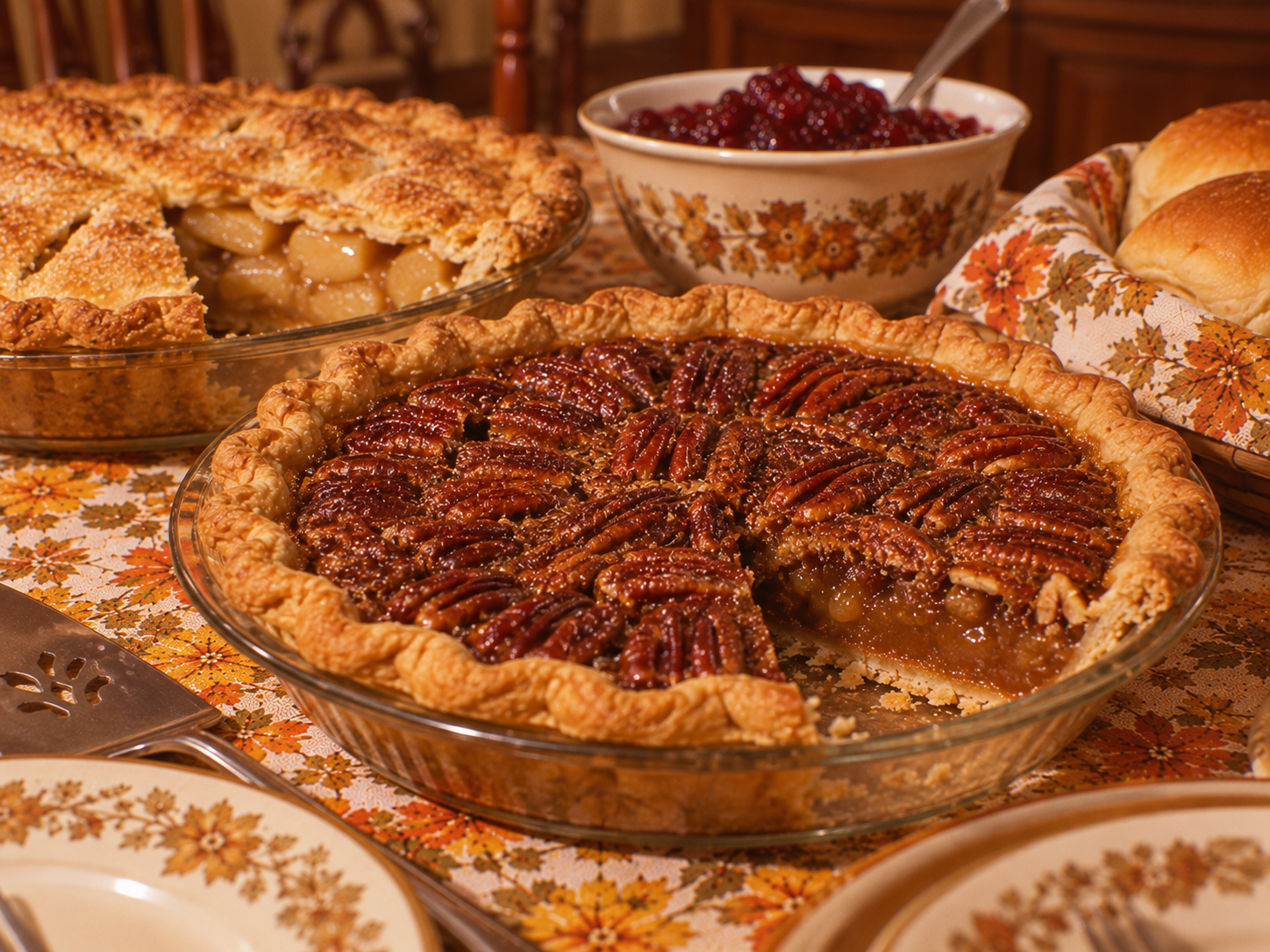 A pecan pie with a slice removed, sitting on a patterned tablecloth next to an apple pie, a bowl of cranberries, and dinner rolls.