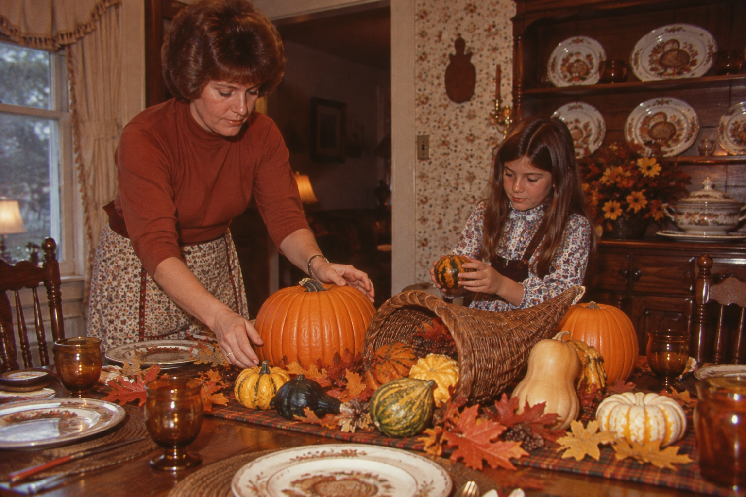 A woman and a young girl arrange pumpkins and a cornucopia on a dining room table for Thanksgiving.