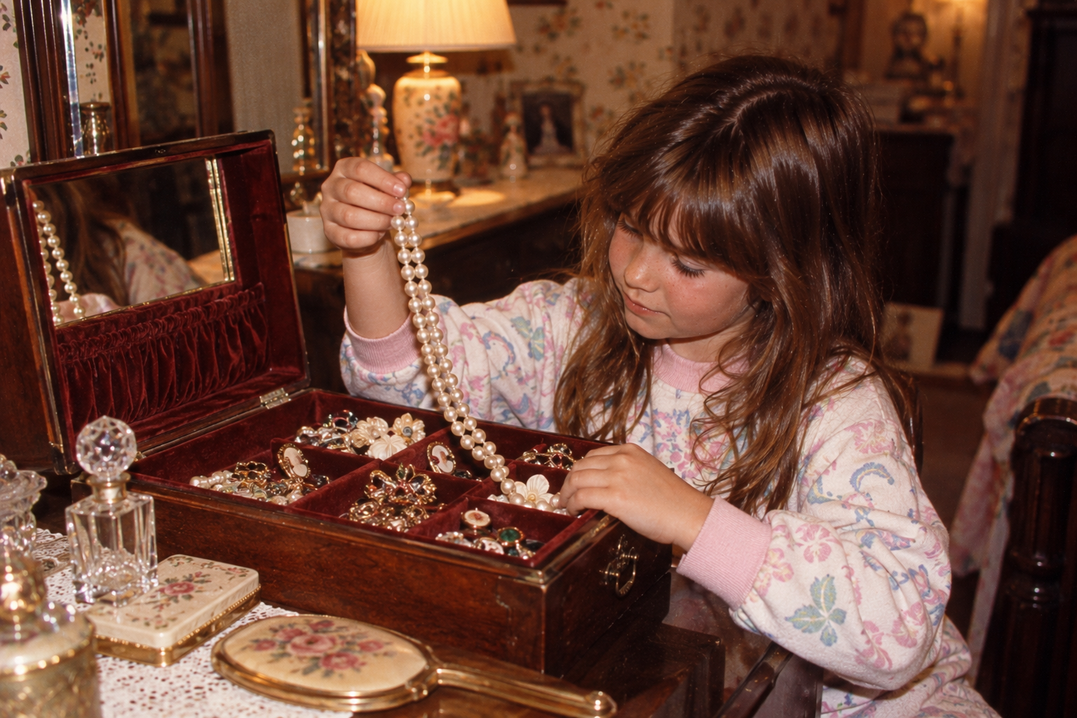 A young girl in a floral sweatshirt lifts a string of pearls from an open wooden jewelry box.