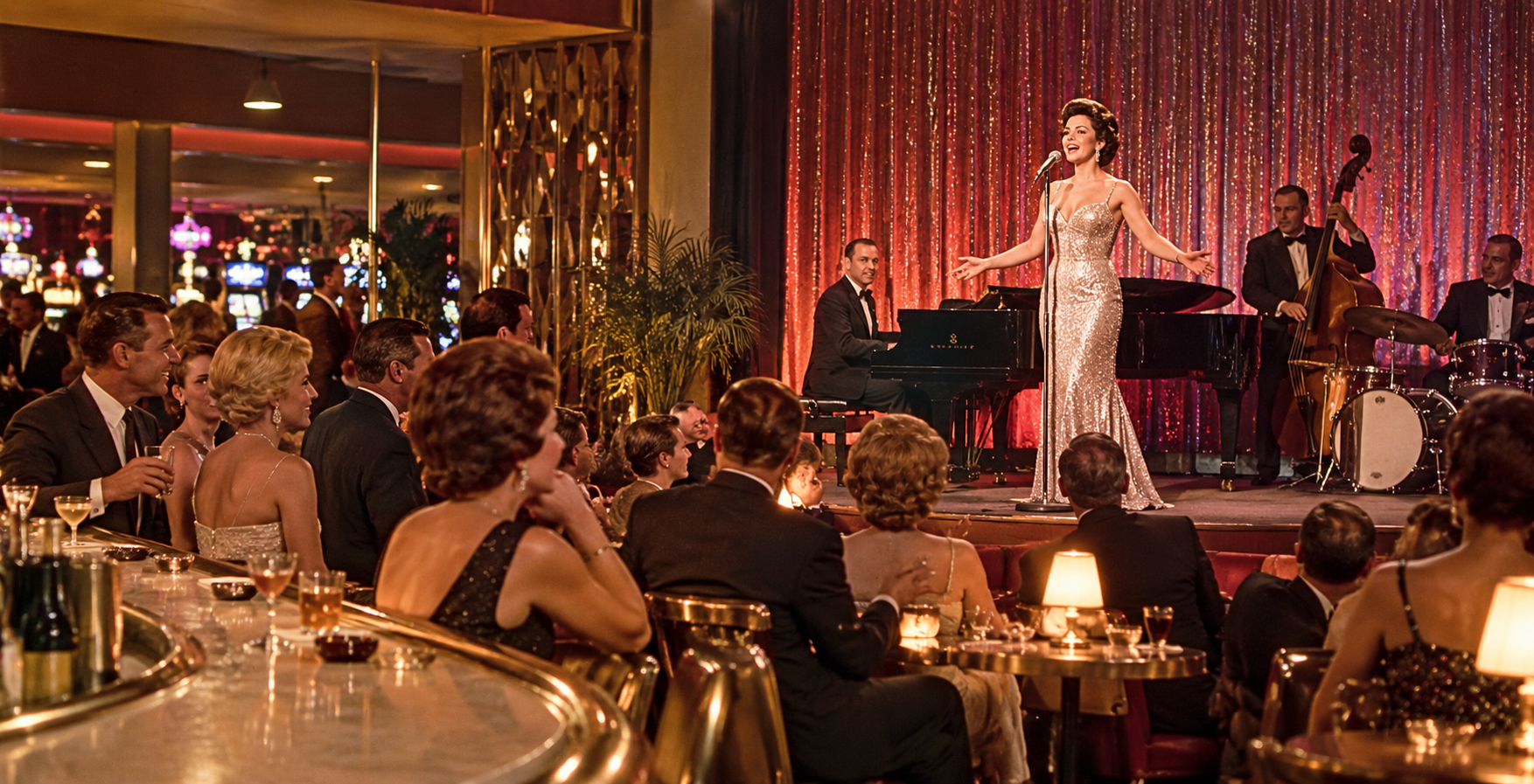 A woman in a sparkling gown sings onstage with a jazz band in a glamorous, vintage-style club, evoking Old Las Vegas Traditions as the audience in formal attire watches from tables and the bar.