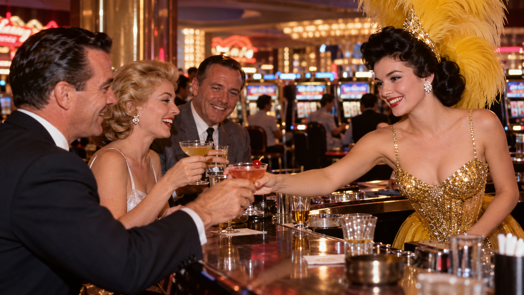 Four people dressed in vintage formal wear sit at a bar in a casino, smiling and toasting drinks. A woman in a gold sequined dress and feathered headpiece serves cocktails. Slot machines are visible in the background.
