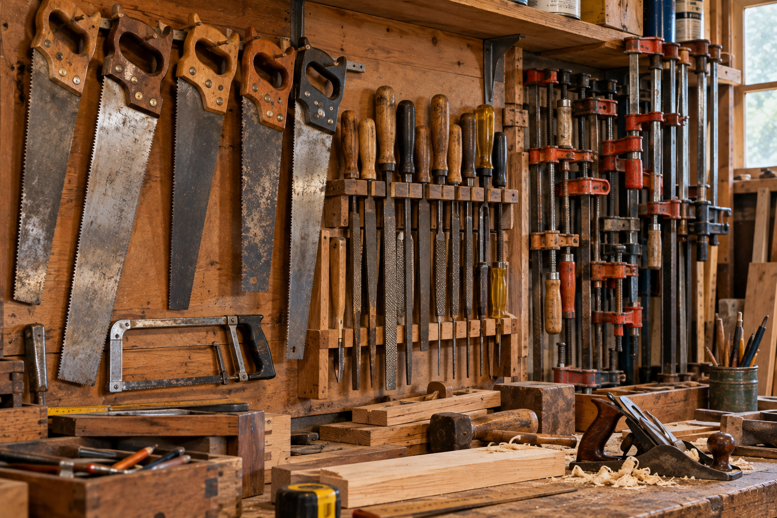 A workshop wall with handsaws and files hanging above a workbench featuring various woodworking clamps, a mallet, and a hand plane with wood shavings.