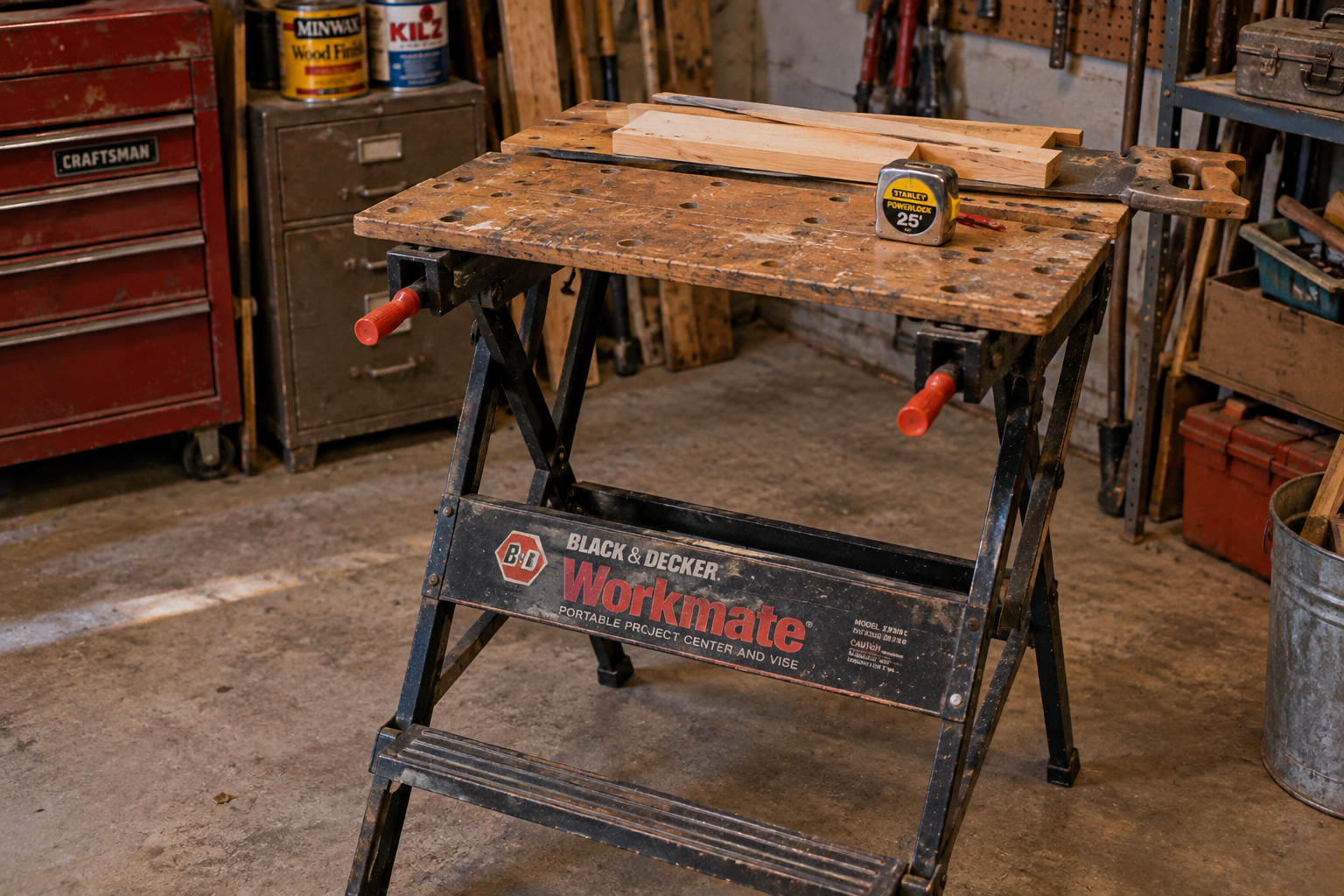 A Black & Decker Workmate portable workbench with a wooden board, a handsaw, and a tape measure resting on its surface.