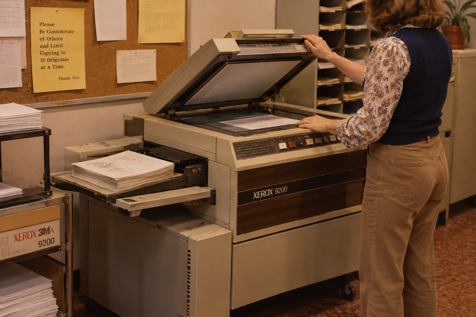 A person stands at a large Xerox 9200 photocopier with the scanner lid open, while a sign on the nearby corkboard asks users to limit copying to 10 originals at a time.