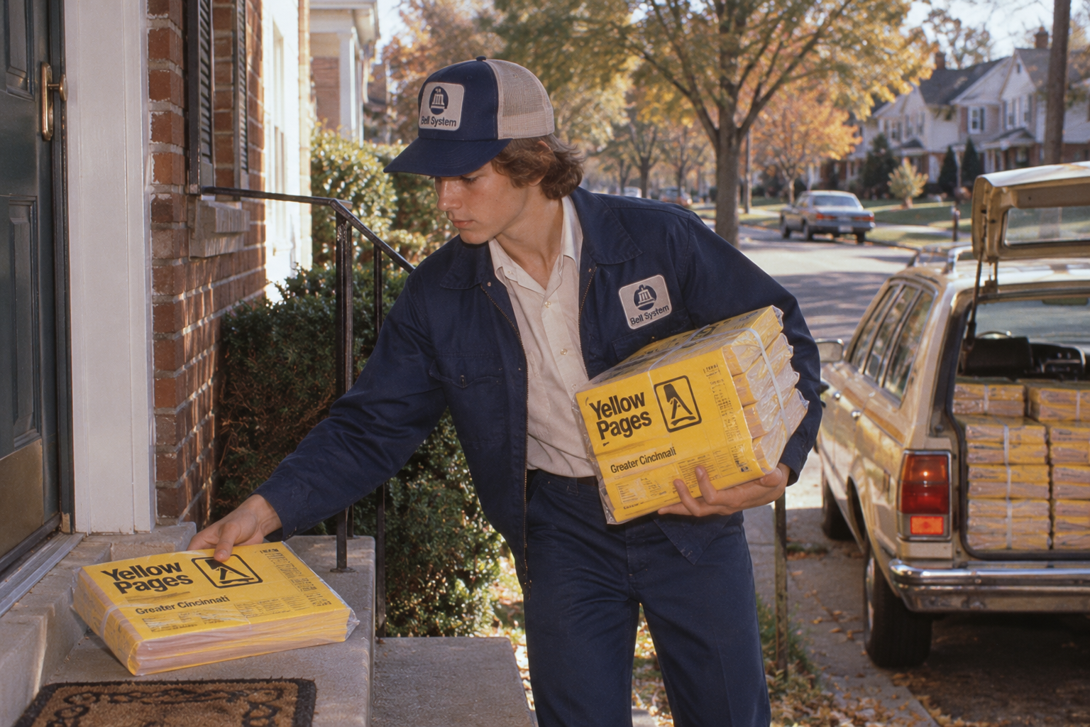 A Bell System worker in a uniform and cap delivers a stack of Yellow Pages phone books to a front porch from a station wagon filled with additional books.
