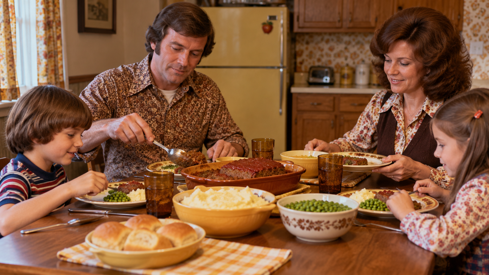 A family of four eating a dinner of meatloaf, mashed potatoes, and peas at a wooden dining table.