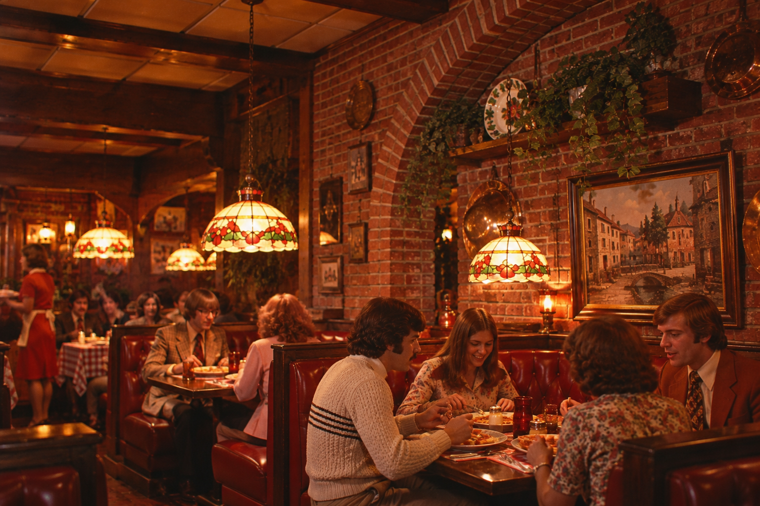 People dining in a cozy, vintage-style restaurant with brick walls, stained glass lamps, red booths, and classic paintings, evoking a warm, nostalgic atmosphere.