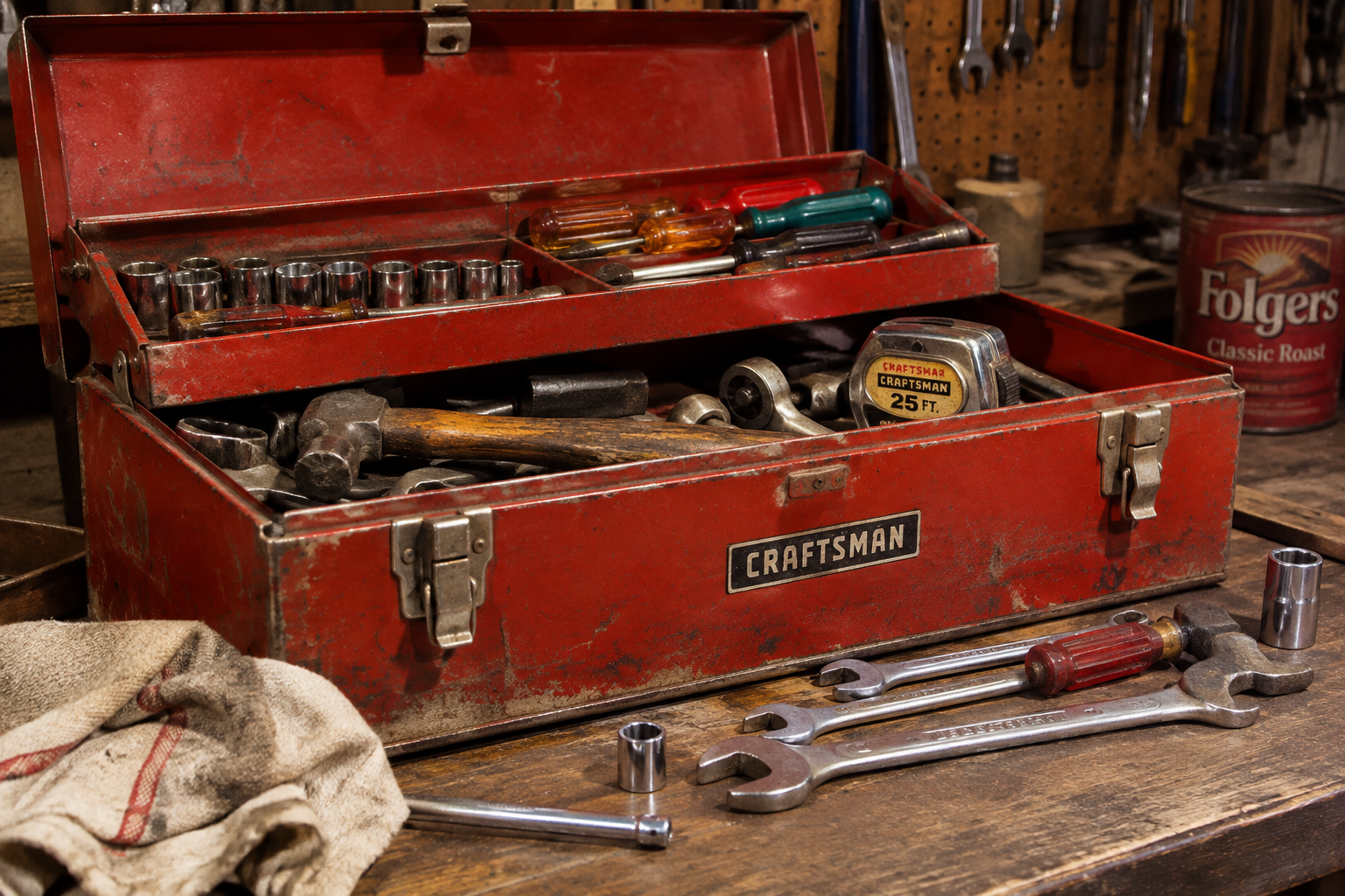 An open red Craftsman metal toolbox filled with various hand tools, with additional wrenches and a cloth rag sitting on a workbench in front of it. 1970s dad workshop.