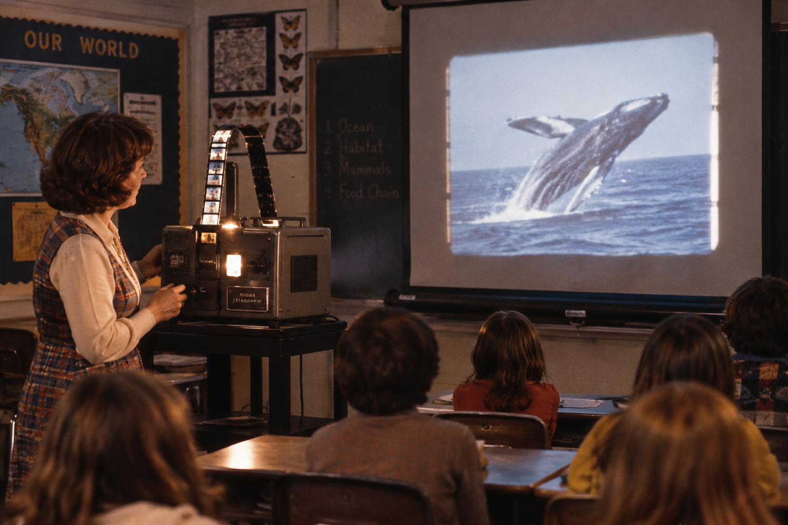 A teacher uses a slide projector to show a photo of whales breaching the ocean to a classroom of students. A map, posters, and chalkboard are visible in the background.