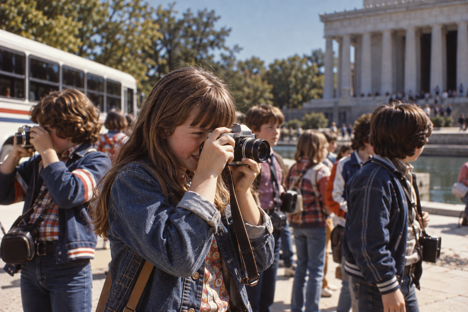 A young girl looks through the viewfinder of a camera while a group of children stands in front of the Lincoln Memorial.