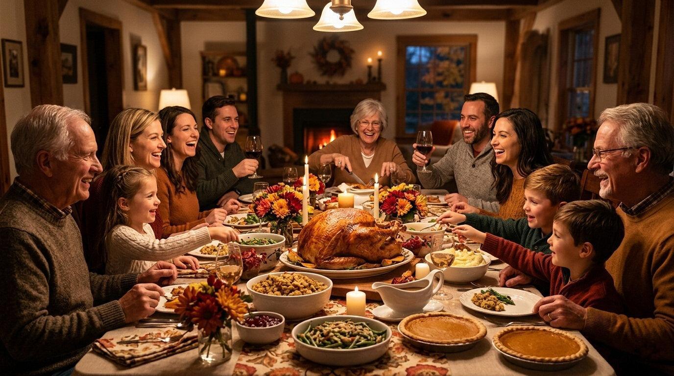 A multi-generational family sitting around a table filled with Thanksgiving dinner, including a roasted turkey and various side dishes.