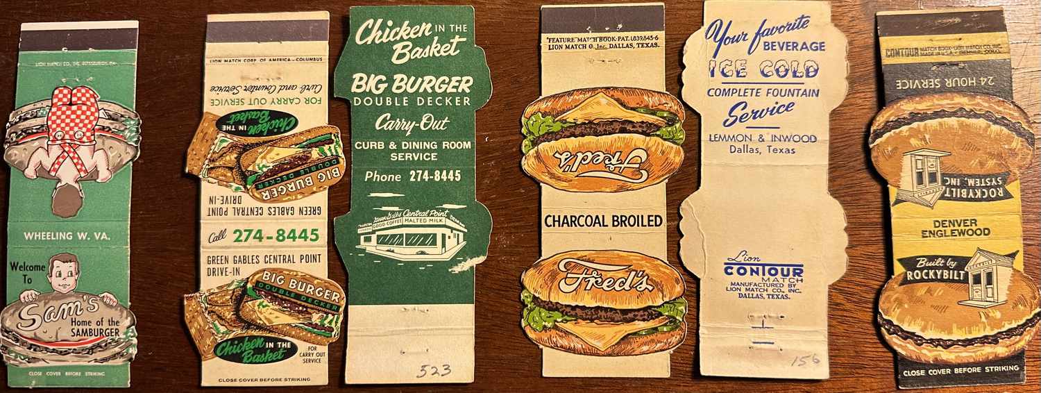 Five vintage matchbook covers featuring advertisements for restaurants including Sam’s, Chicken in the Basket, Fred’s, and Rockybilt.