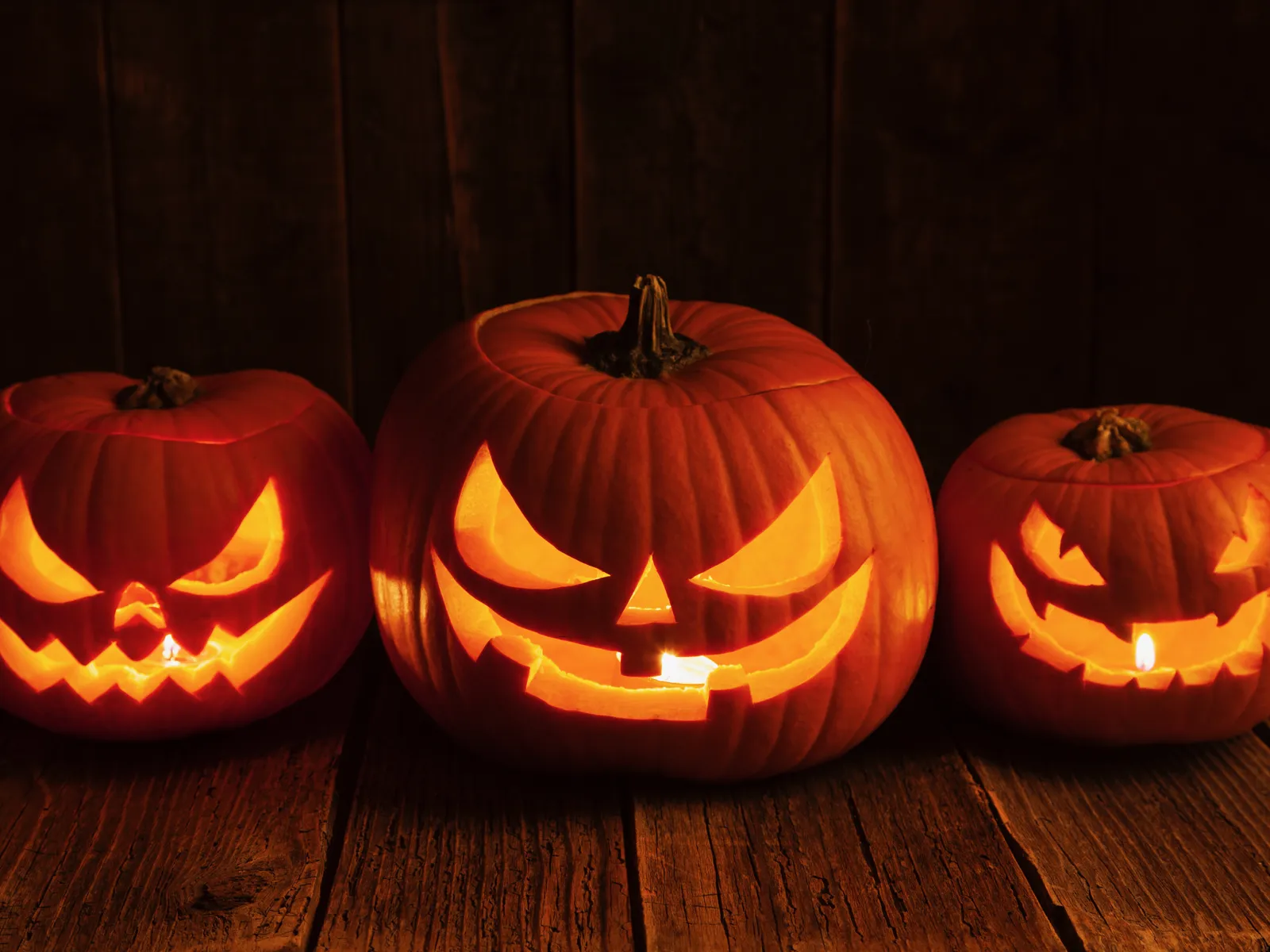 Three carved jack-o’-lanterns with glowing faces arranged on a wooden surface. Halloween traditions boomers remember.