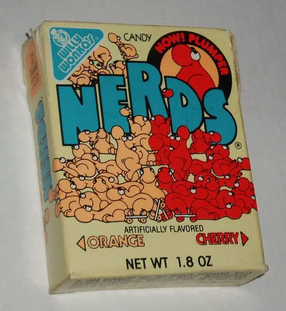 Vintage box of Willy Wonka Nerds candy in orange and cherry flavors.
