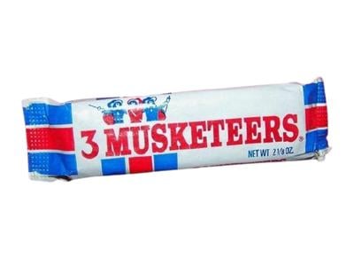 A 3 Musketeers candy bar in its white, red, and blue wrapper.