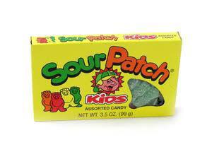 Yellow box of Sour Patch Kids assorted candy.