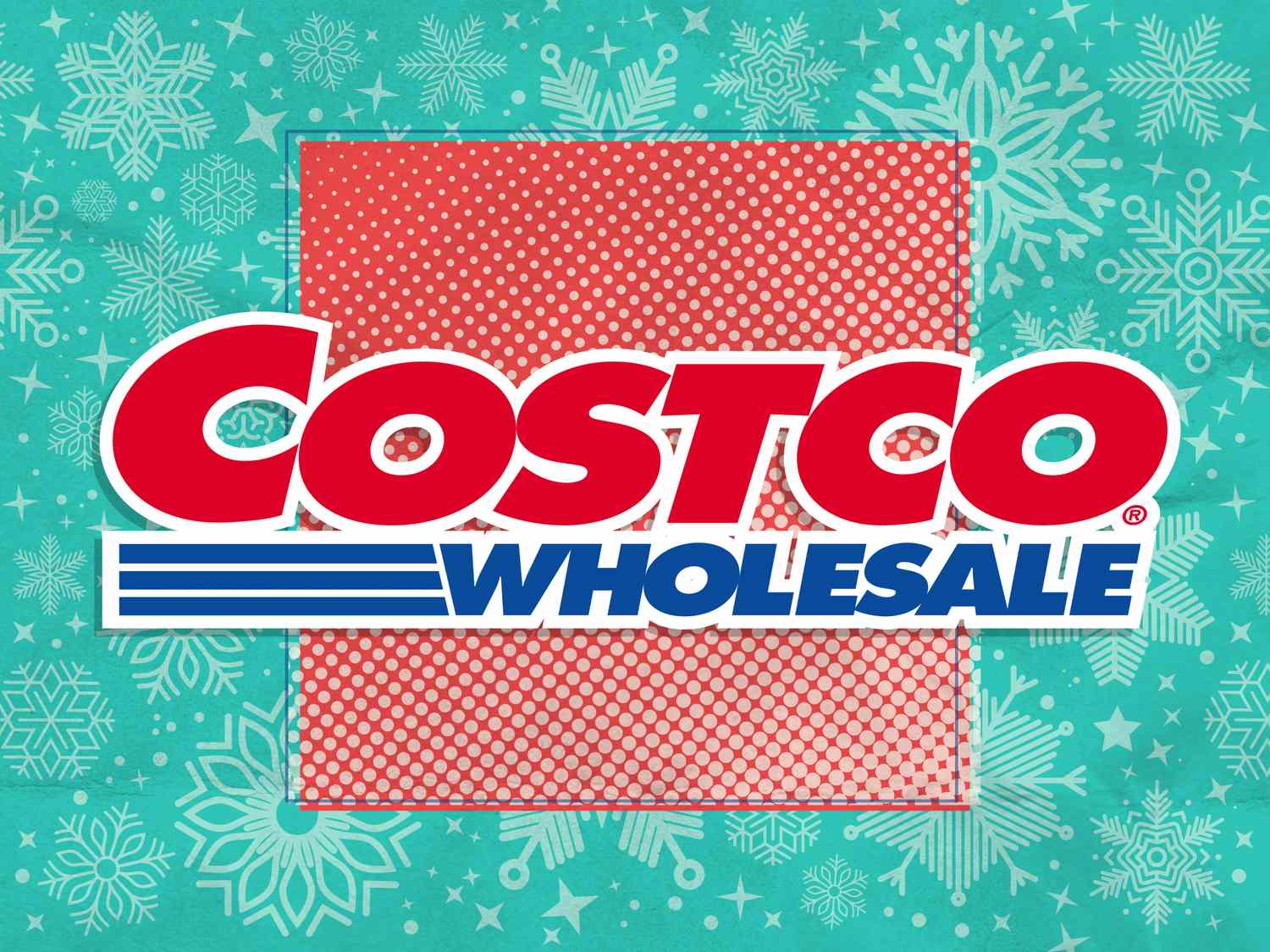 Costco Wholesale logo against a teal background patterned with white snowflakes. Avoid overspending at Costco.
