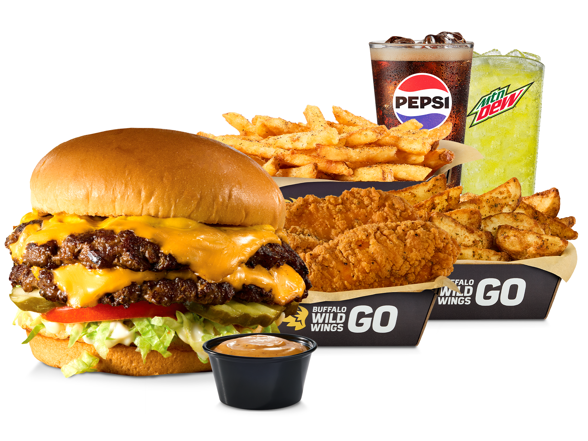 A double cheeseburger, breaded chicken tenders, fries, potato wedges, a cup of sauce, and two sodas from Buffalo Wild Wings GO.
