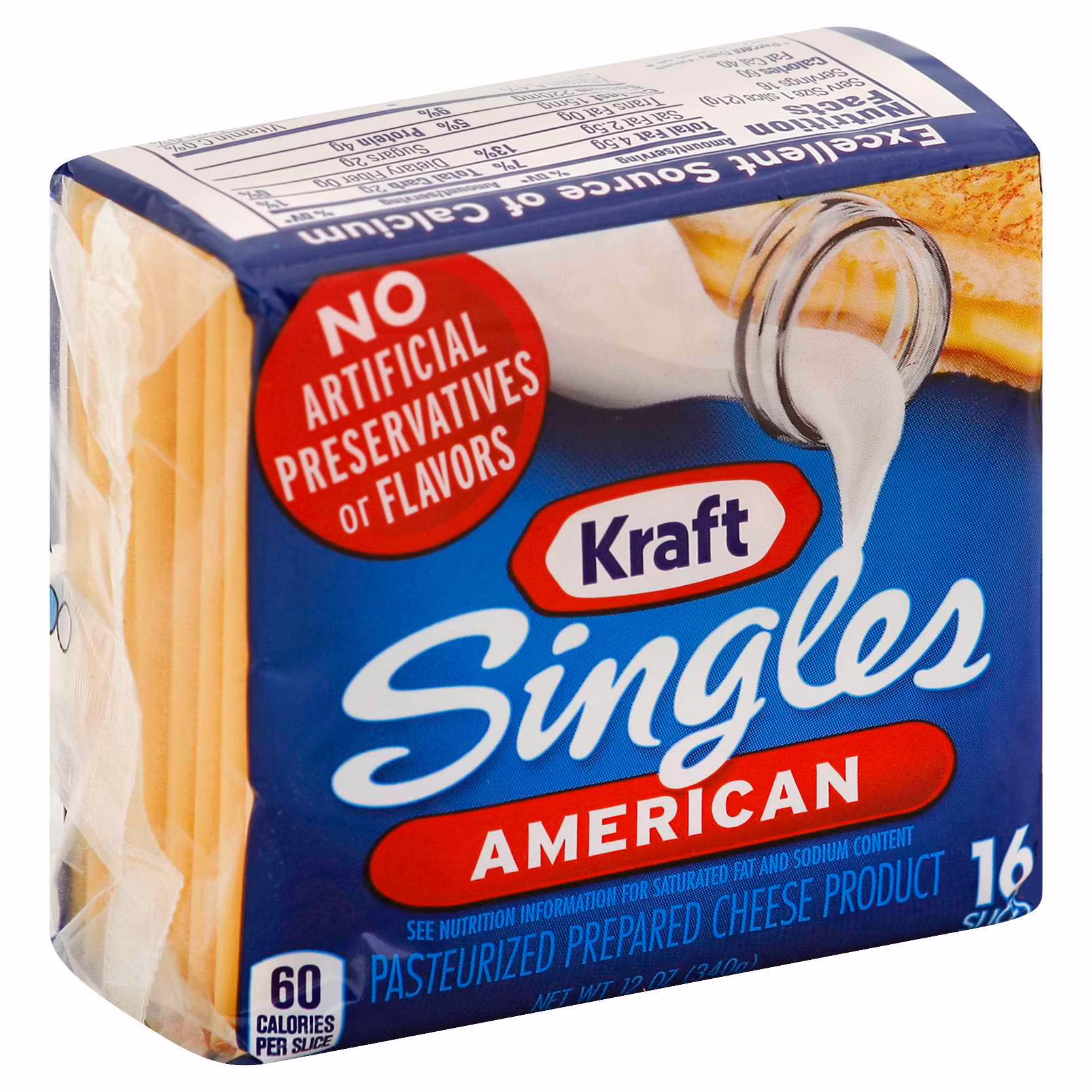 A package of Kraft Singles American cheese slices with a red circle stating “No Artificial Preservatives or Flavors.” The package displays cheese slices and a bottle of milk being poured.