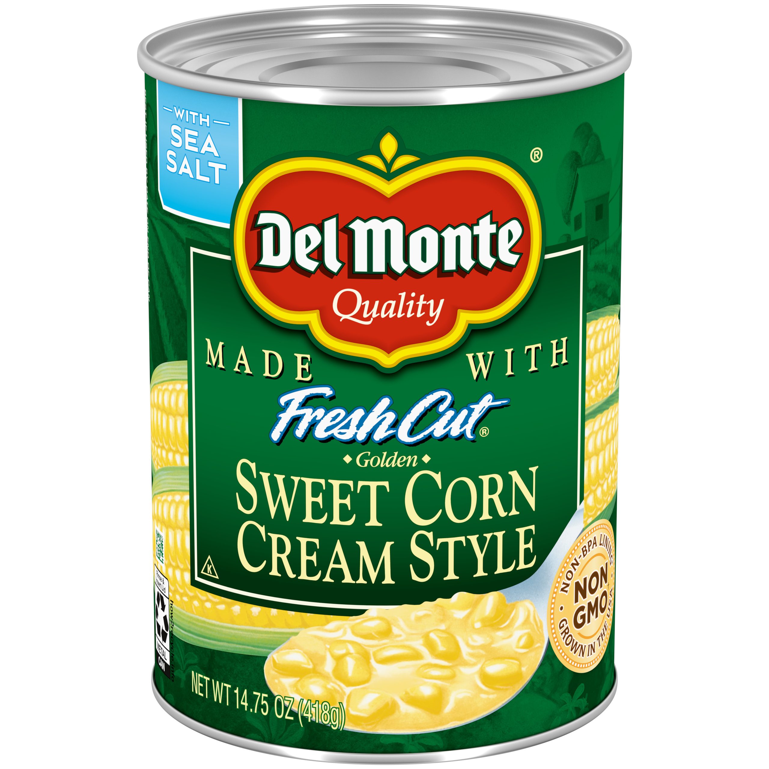 A can of Del Monte Fresh Cut Golden Sweet Corn Cream Style with sea salt. The label is green and features an image of creamy corn and a “Non-GMO” badge. The can size is 14.75 oz (418g).
