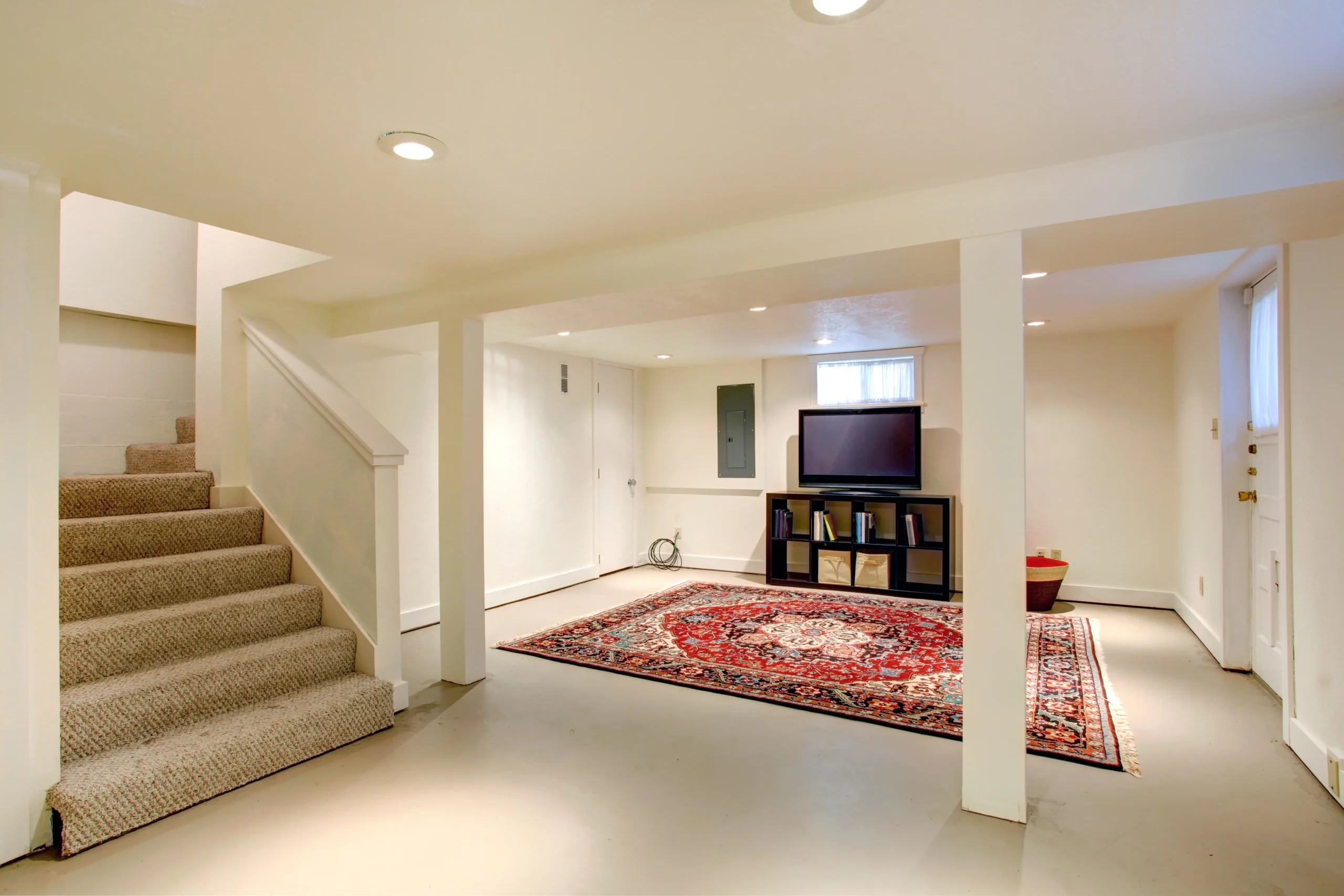 A finished basement with beige walls, carpeted stairs, recessed lighting, a patterned rug, TV on a black stand, and a small plant on the floor near the door.