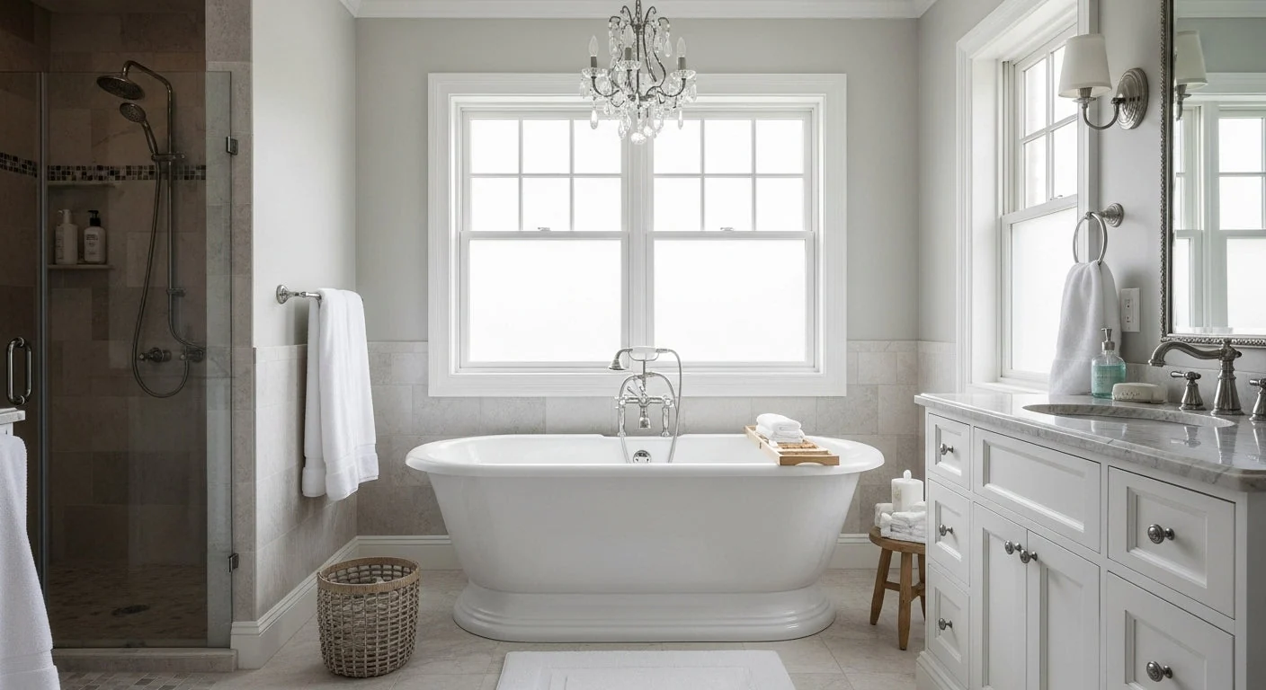 Bright bathroom with a freestanding white tub, chandelier, walk-in shower, double windows, white cabinets, towel rack, basket, and stool holding towels and bath items. Light, neutral color palette.