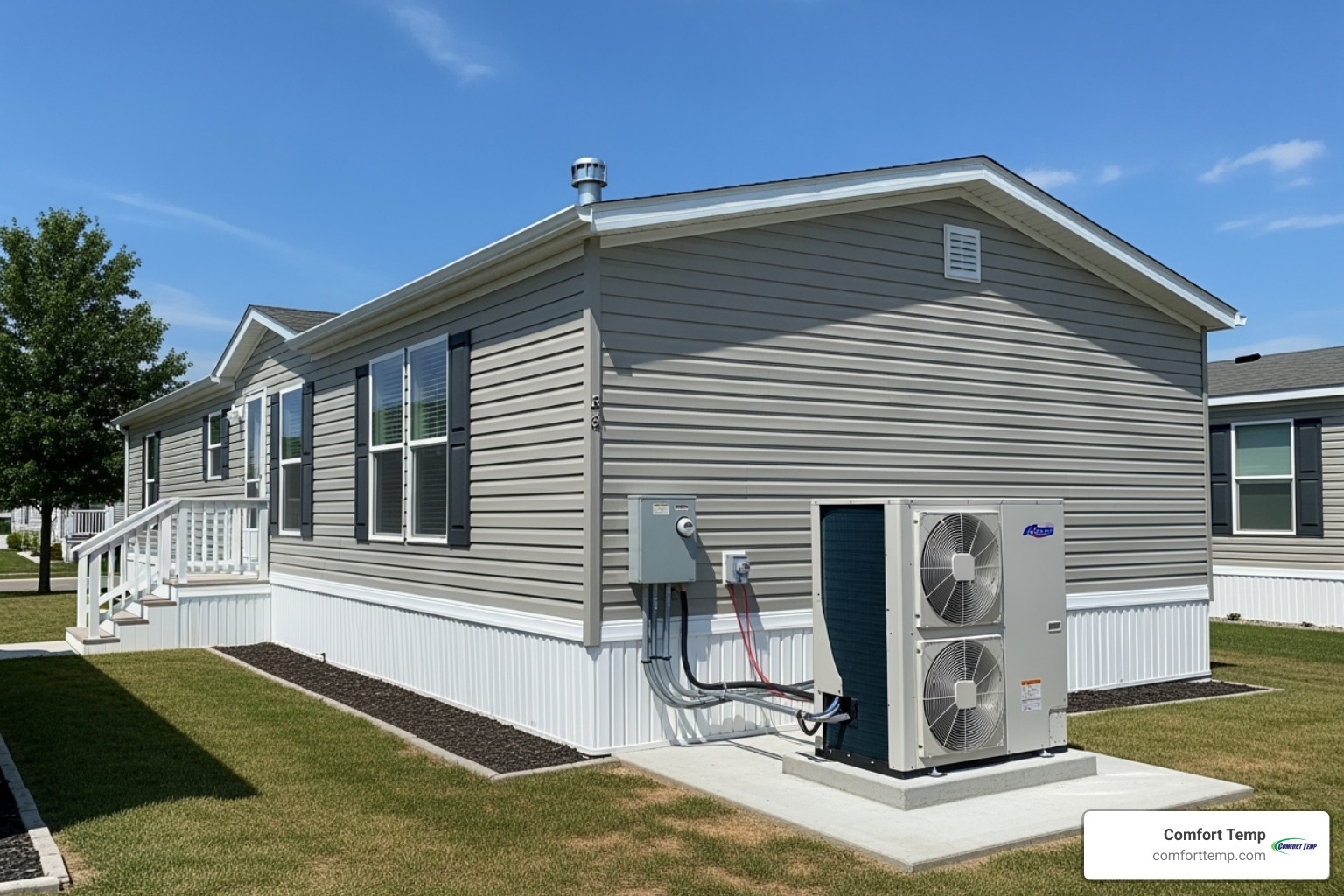 A beige manufactured home with black shutters and white trim sits on a lawn. An outdoor HVAC unit is installed beside the house. The sky is clear and sunny.