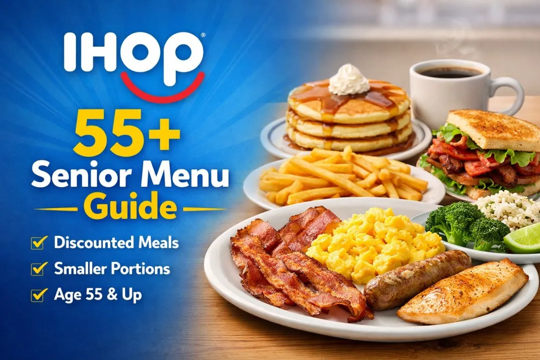 IHOP 55+ Senior Menu Guide advertisement featuring a stack of pancakes, a coffee mug, a sandwich, and a plate with eggs, bacon, sausage, and fish. Senior discounts that aren't worth it.