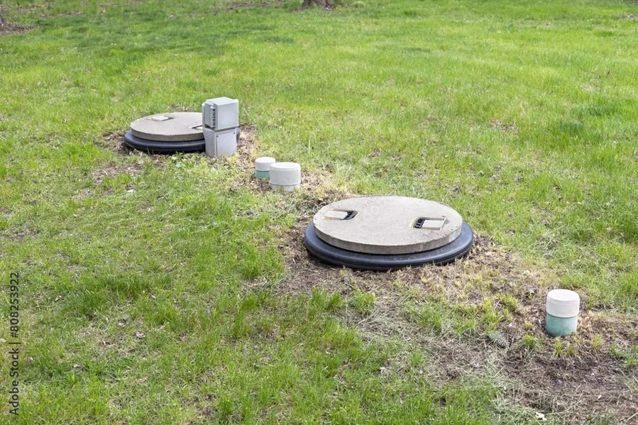 Two round septic tank lids and several white vent pipes are visible in a grassy yard, indicating an underground septic system installation.
