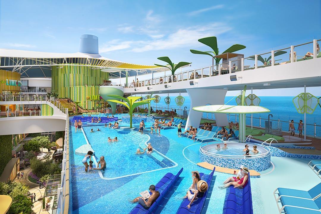 People swimming and lounging at a multilevel cruise ship pool deck overlooking the ocean.