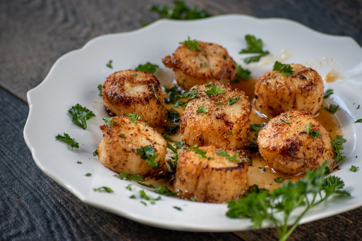 Six seared scallops garnished with parsley on a white scalloped plate.