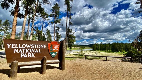 A large wooden Yellowstone National Park sign stands by a scenic area with trees, a river, and a blue sky with clouds. Senior discounts for retirees.