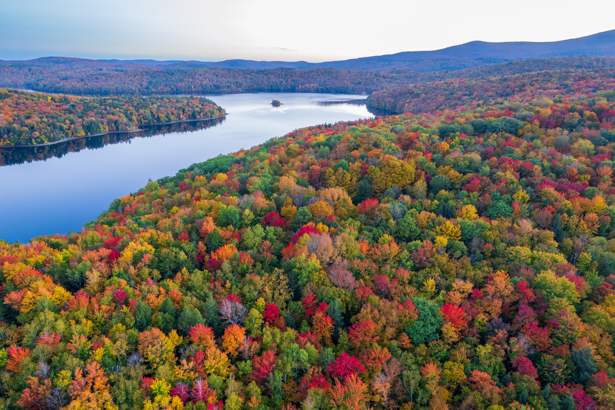 Aerial view of a lake surrounded by a dense forest with vibrant autumn foliage, a destination among the best places to hike in the fall.