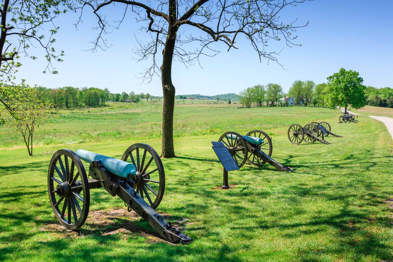 guided tour A line of vintage cannons sits on a grassy hill overlooking a battlefield, with an informational plaque near one of the cannons.