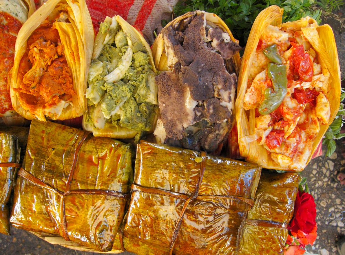 A collection of tamales, including several opened to show fillings of red sauce, green sauce, and dark meat, and others wrapped in whole, tied corn husks.