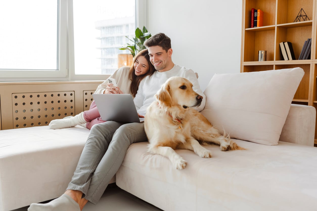 A young couple sits on a couch together looking at a laptop while a golden retriever rests beside them.