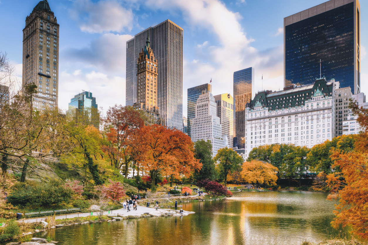 The Central Park pond, surrounded by autumn trees and the New York City skyline, offers a view that feels like one of those trips that feel luxurious.