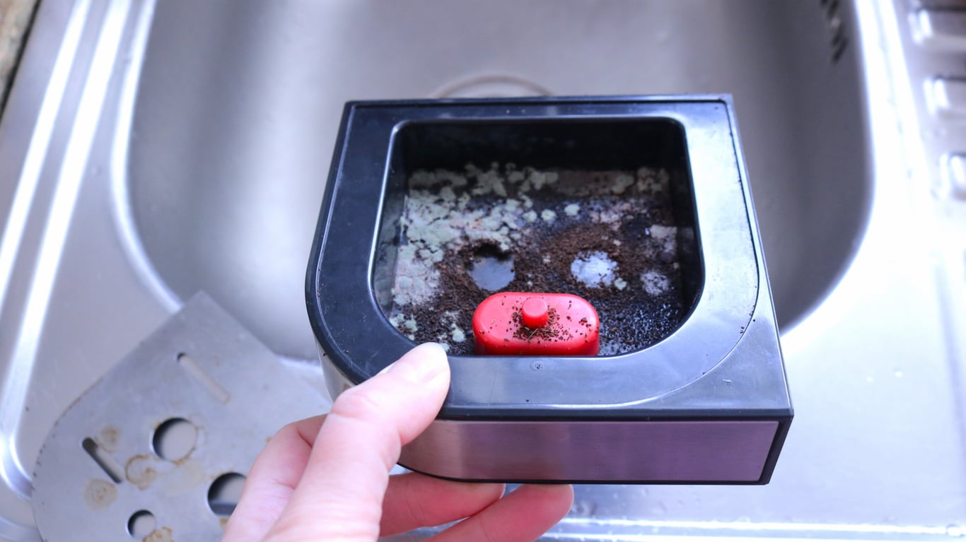 A hand holds a coffee machine drip tray containing moldy used coffee grounds and a red float indicator.