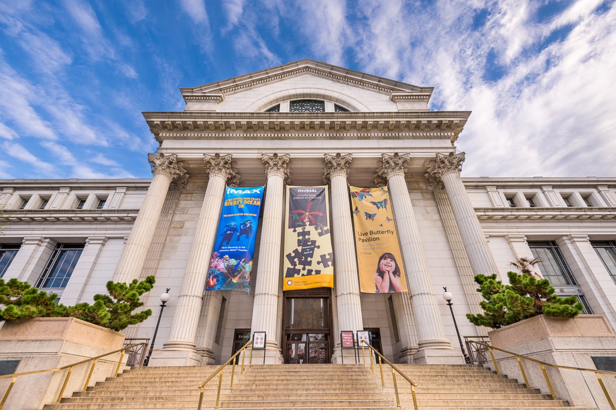 Low-angle view of the National Museum of Natural History featuring three large banners for IMAX, orchids, and the butterfly pavilion hanging between the building’s front columns.