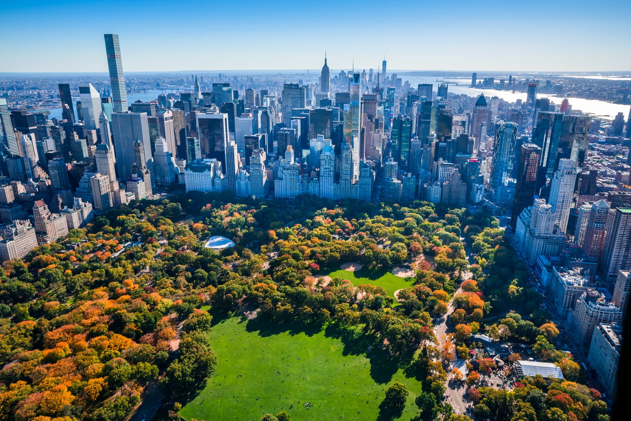 Aerial view of Central Park filled with autumn foliage, bordered by the dense skyscrapers of Manhattan under a clear blue sky.