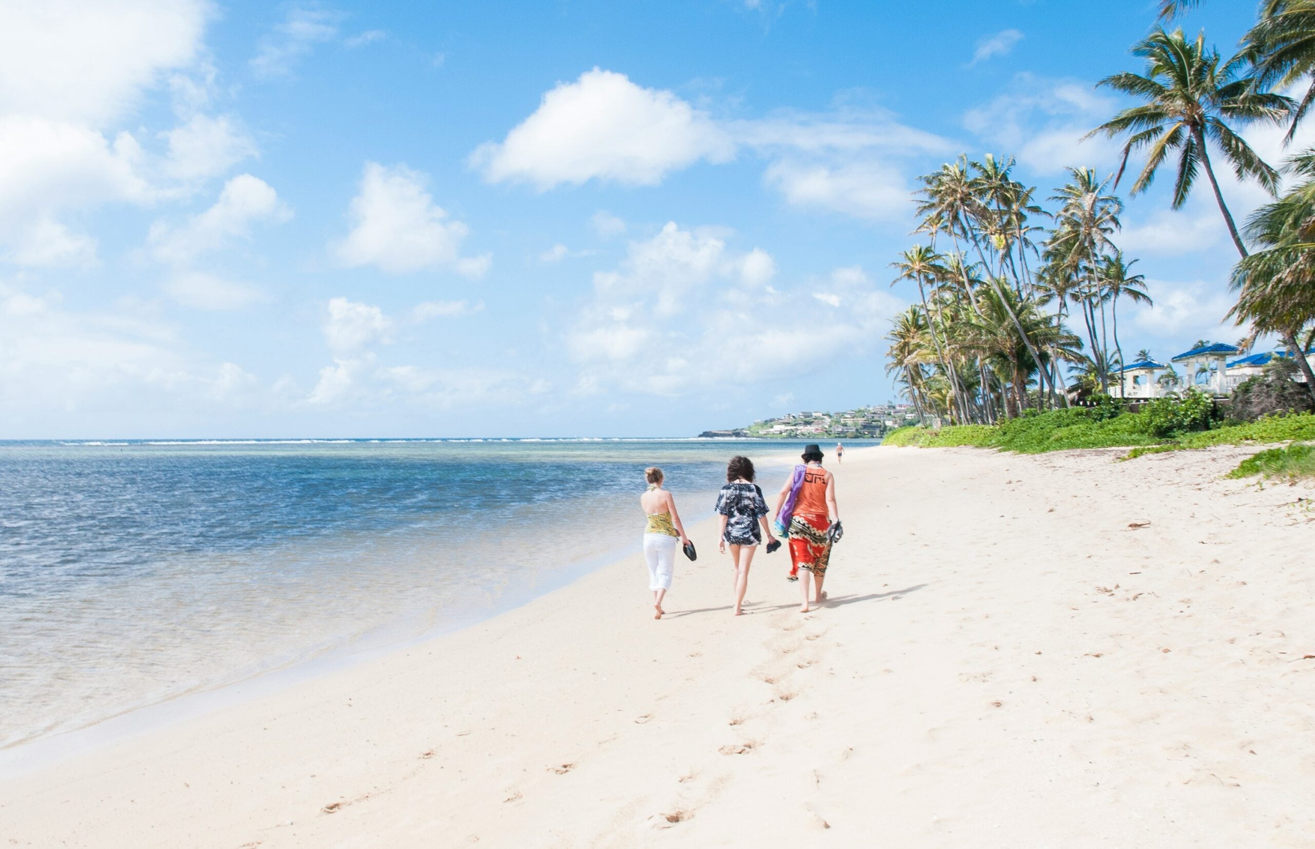 Three people walk along a sandy beach near the ocean, with palm trees and houses on the right under a blue sky with scattered clouds.