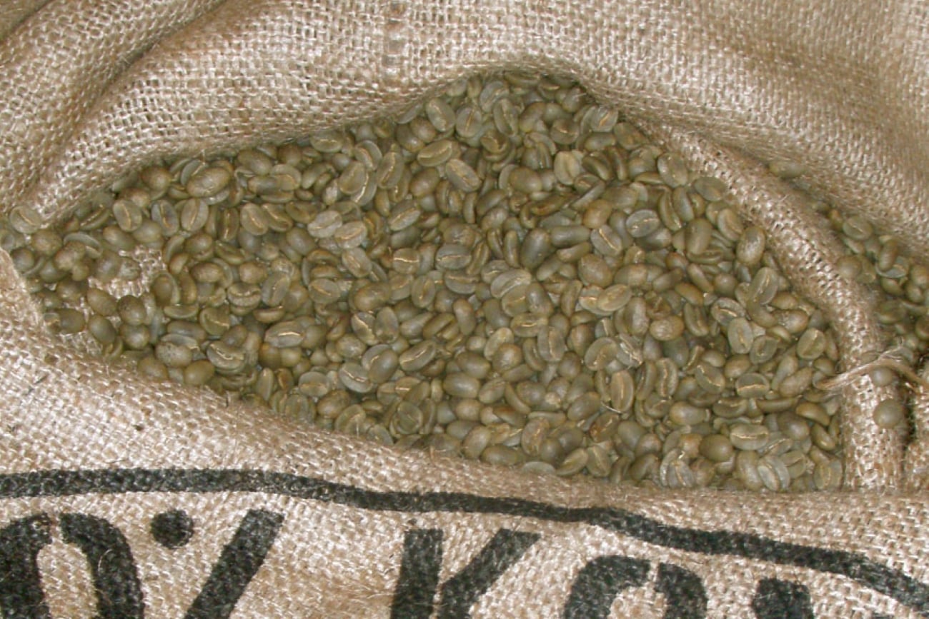 A burlap sack filled with unroasted green coffee beans, the best souvenir.